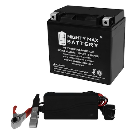 YTX14-BS Replacement Battery For Suzuki 400 LT-A400F, F400F King Quad 10-20 With 12V 1Amp Charger